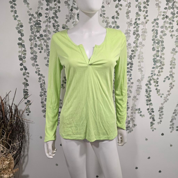 KORAL Women’s Neon Green Ribbed Long Sleeve Split Neck Top Size S NWT - Picture 3 of 10